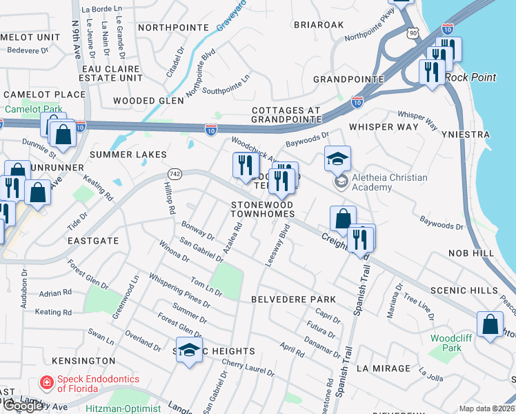 map of restaurants, bars, coffee shops, grocery stores, and more near 3805 Creighton Road in Pensacola