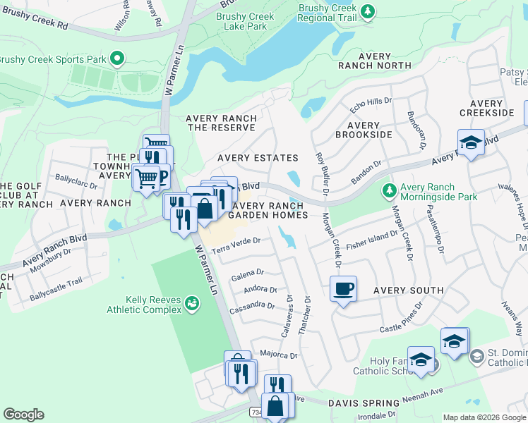 map of restaurants, bars, coffee shops, grocery stores, and more near 15536 Interlachen Drive in Austin