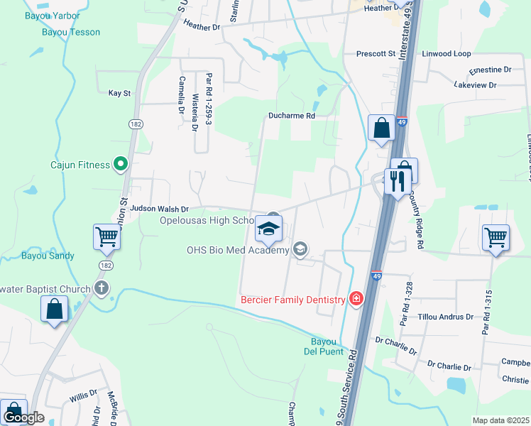 map of restaurants, bars, coffee shops, grocery stores, and more near Judson Walsh Drive in Opelousas