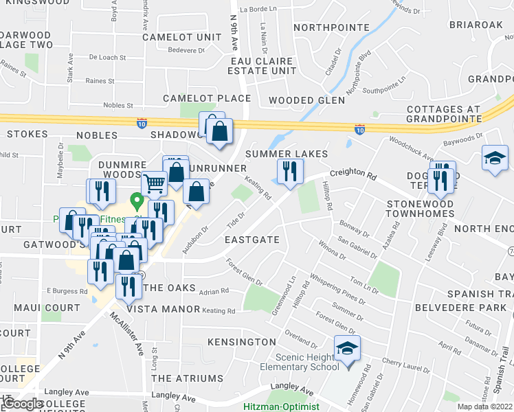 map of restaurants, bars, coffee shops, grocery stores, and more near 3521 Tide Drive in Pensacola