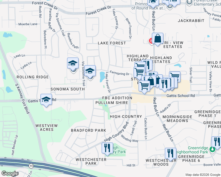map of restaurants, bars, coffee shops, grocery stores, and more near 2297 Fernspring Drive in Round Rock
