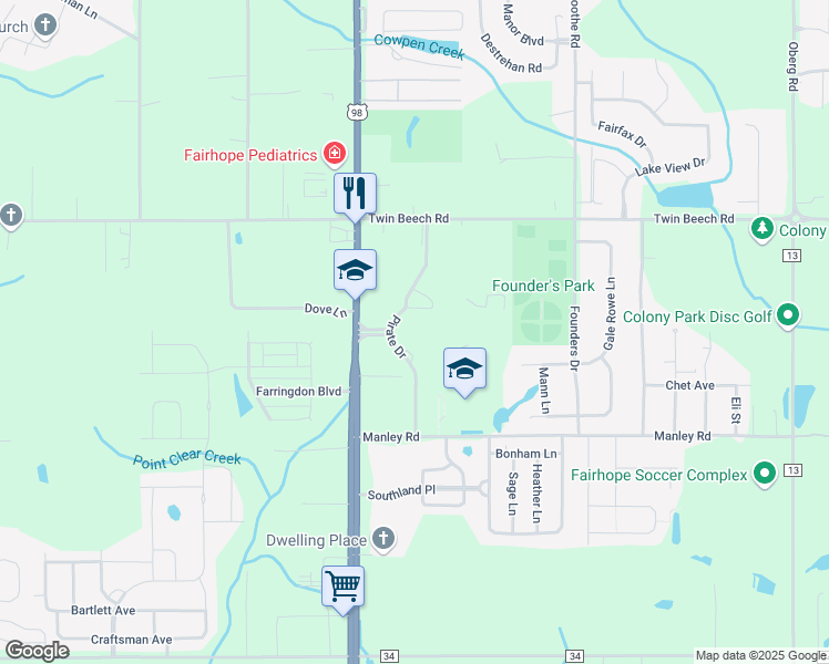 map of restaurants, bars, coffee shops, grocery stores, and more near 1 Pirate Drive in Fairhope