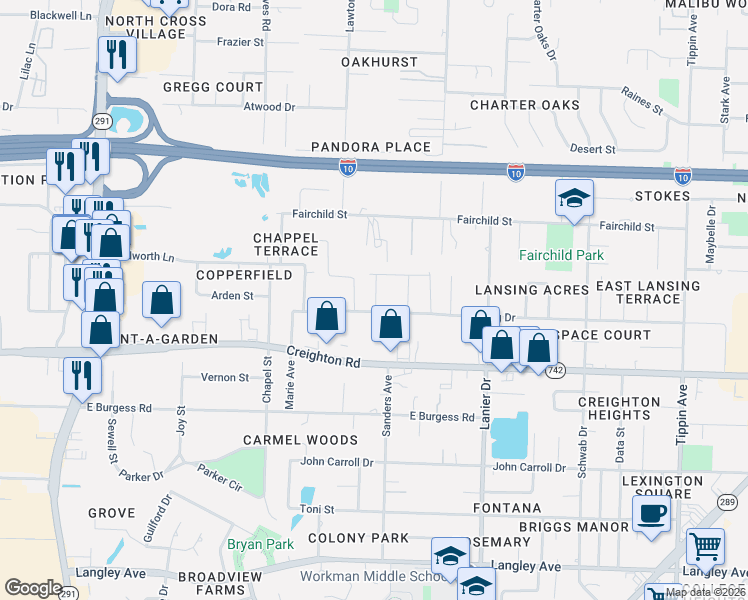 map of restaurants, bars, coffee shops, grocery stores, and more near 1490 Lansing Drive in Pensacola
