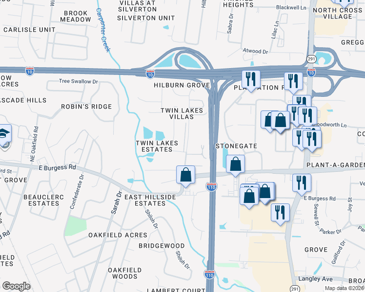 map of restaurants, bars, coffee shops, grocery stores, and more near 6051 Hilburn Road in Pensacola