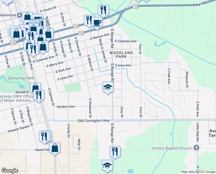 map of restaurants, bars, coffee shops, grocery stores, and more near 17005 George Fisher Drive in Ponchatoula