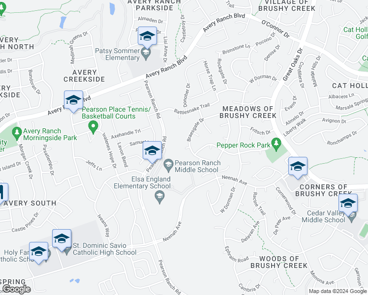 map of restaurants, bars, coffee shops, grocery stores, and more near 15922 Braesgate Drive in Austin