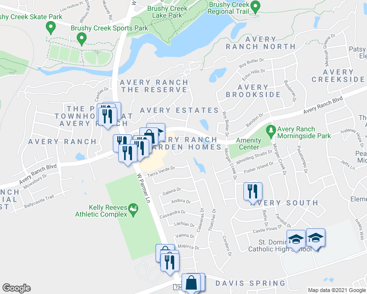 map of restaurants, bars, coffee shops, grocery stores, and more near 15536 Interlachen Drive in Austin