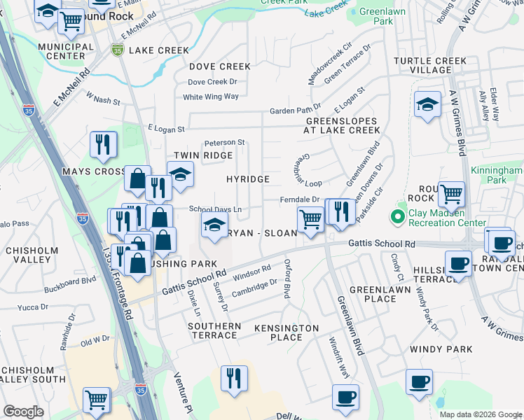 map of restaurants, bars, coffee shops, grocery stores, and more near 1306 Lawnmont Drive in Round Rock