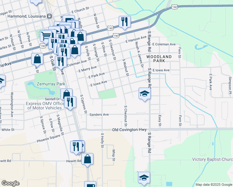 map of restaurants, bars, coffee shops, grocery stores, and more near 809 South Olive Street in Hammond