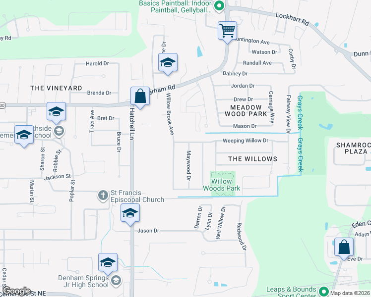 map of restaurants, bars, coffee shops, grocery stores, and more near 1043 Maywood Drive in Denham Springs
