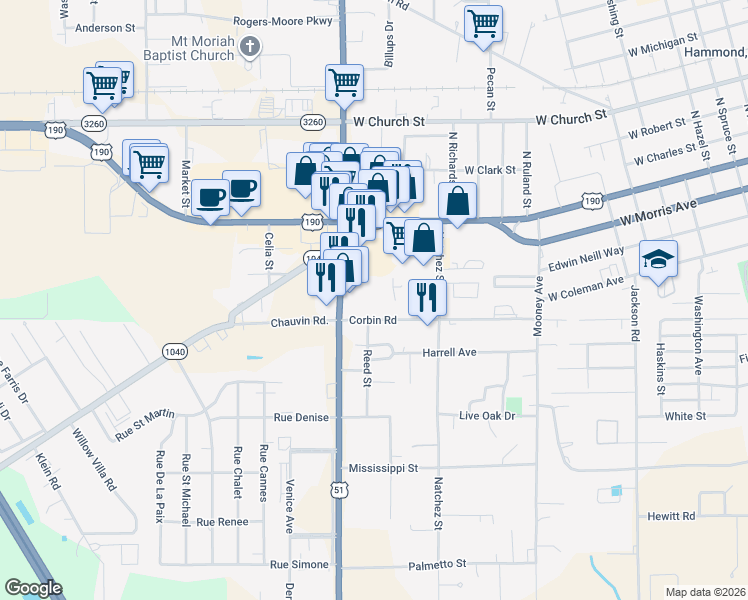 map of restaurants, bars, coffee shops, grocery stores, and more near 345 South Morrison Boulevard in Hammond