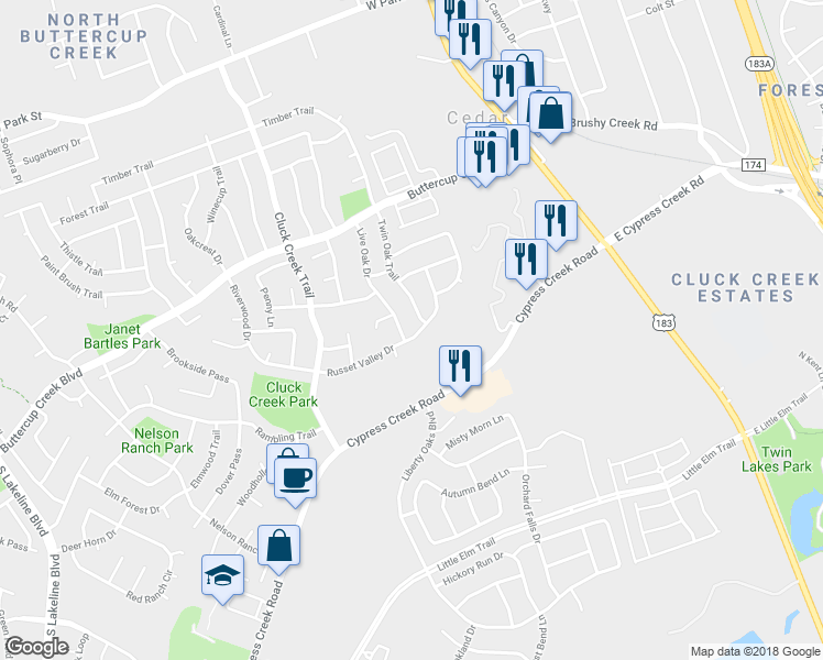 map of restaurants, bars, coffee shops, grocery stores, and more near 505 Russet Valley Drive in Cedar Park