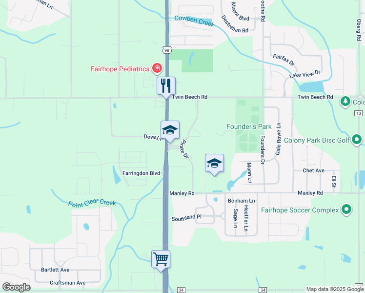 map of restaurants, bars, coffee shops, grocery stores, and more near 1 Pirate Drive in Fairhope