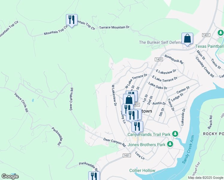 map of restaurants, bars, coffee shops, grocery stores, and more near 10910 West Lakeview Drive in Jonestown