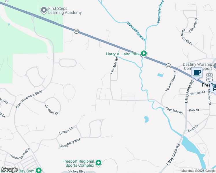 map of restaurants, bars, coffee shops, grocery stores, and more near 351 4 Mile Road in Freeport