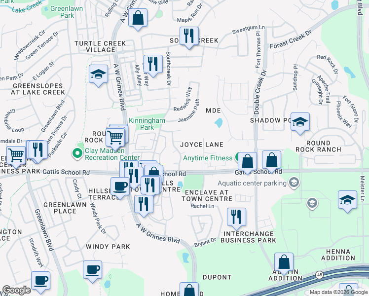 map of restaurants, bars, coffee shops, grocery stores, and more near 802 Sable Trail Court in Round Rock