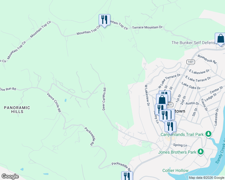 map of restaurants, bars, coffee shops, grocery stores, and more near 10670 Deer Canyon Road in Jonestown