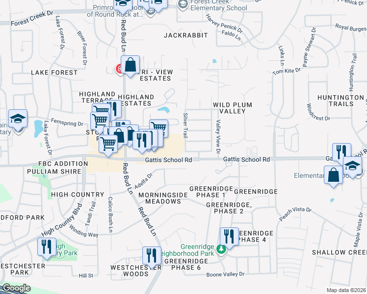 map of restaurants, bars, coffee shops, grocery stores, and more near 109 Silver Court in Round Rock