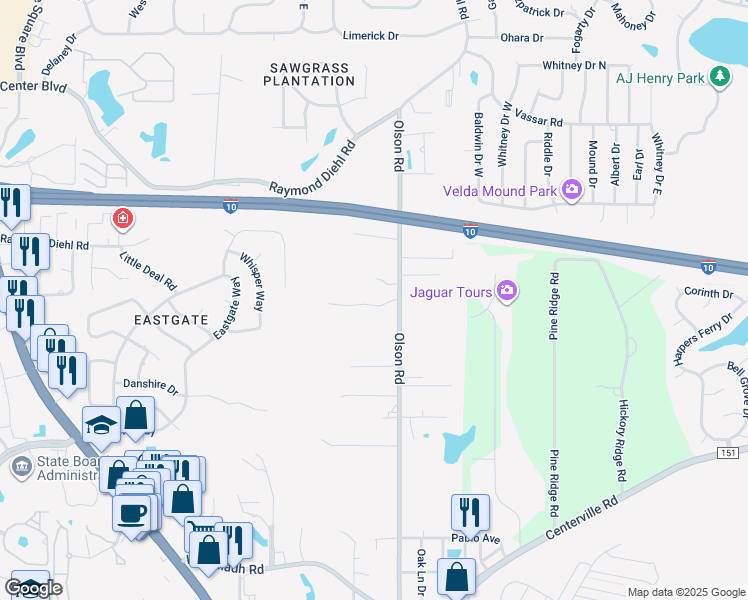 map of restaurants, bars, coffee shops, grocery stores, and more near 2776 Oak Park Court in Tallahassee