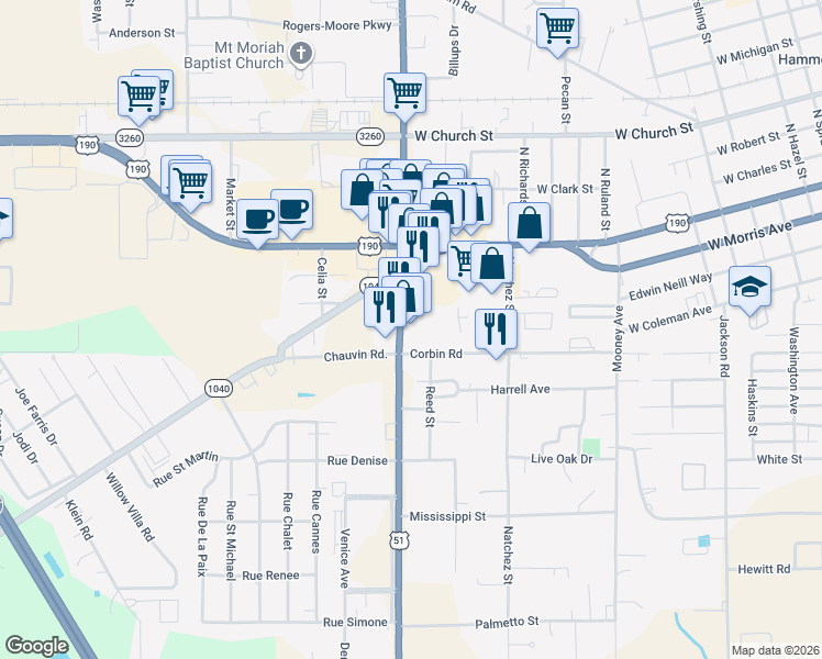 map of restaurants, bars, coffee shops, grocery stores, and more near 345 S Morrison Blvd in Hammond