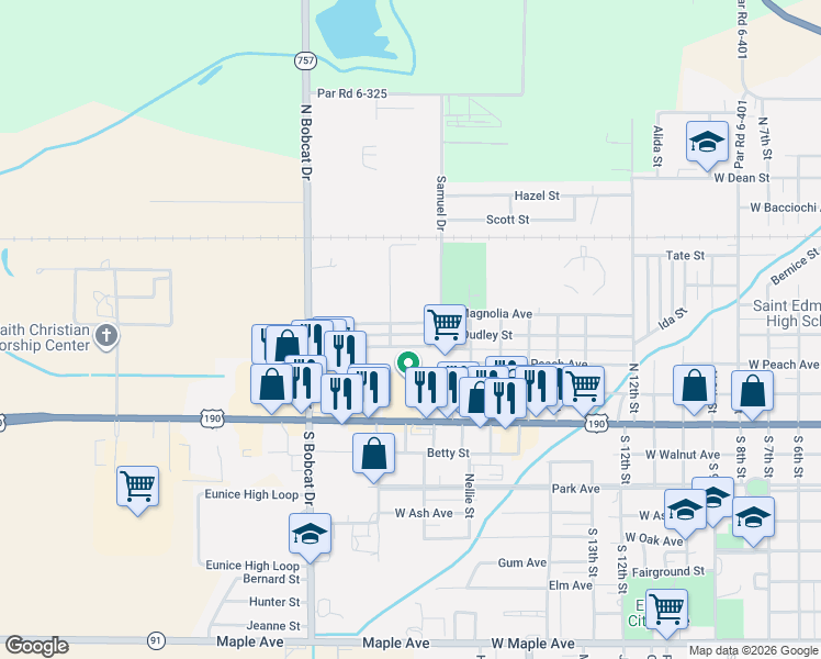 map of restaurants, bars, coffee shops, grocery stores, and more near 1900-2098 W Magnolia Ave in Eunice