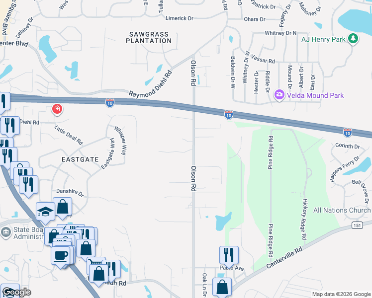 map of restaurants, bars, coffee shops, grocery stores, and more near 2776 Oak Park Court in Tallahassee