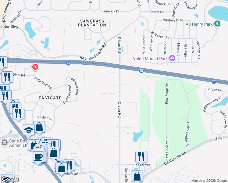 map of restaurants, bars, coffee shops, grocery stores, and more near 2776 Oak Park Court in Tallahassee