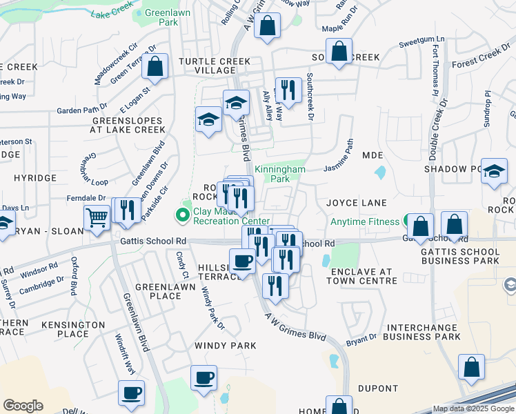 map of restaurants, bars, coffee shops, grocery stores, and more near 1401 A.W. Grimes Boulevard in Round Rock