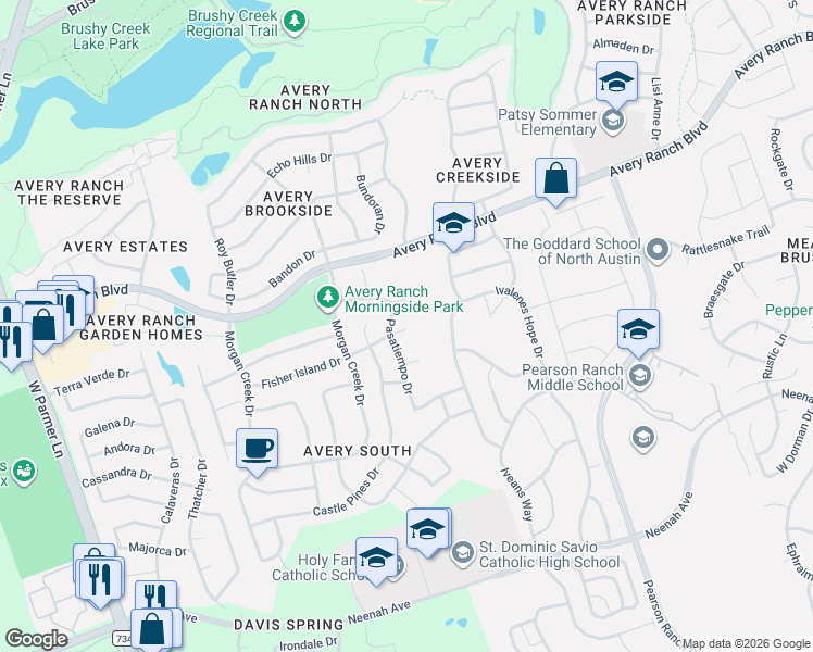 map of restaurants, bars, coffee shops, grocery stores, and more near 15712 Fisher Island Drive in Austin