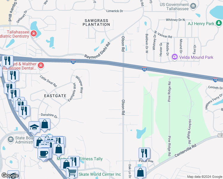 map of restaurants, bars, coffee shops, grocery stores, and more near 2756 Oak Park Court in Tallahassee