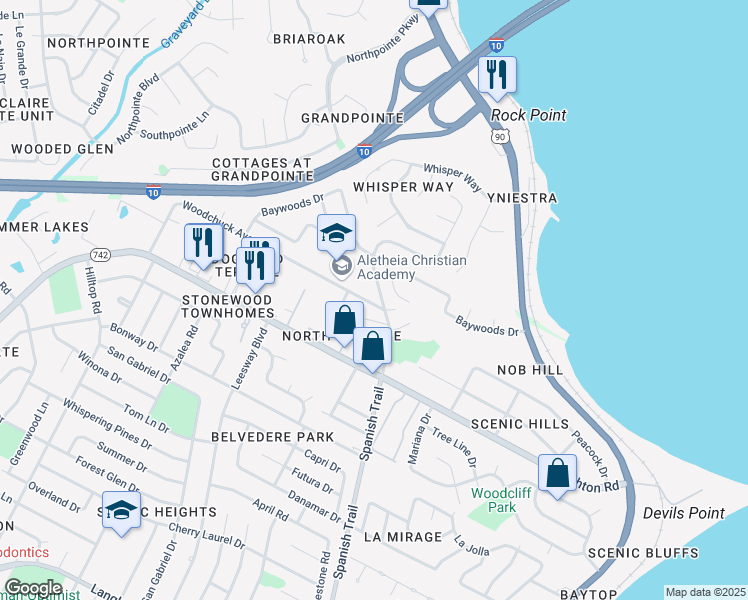 map of restaurants, bars, coffee shops, grocery stores, and more near 1760 Woodchuck Avenue in Pensacola