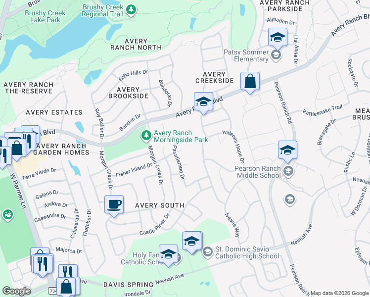 map of restaurants, bars, coffee shops, grocery stores, and more near 15712 Fisher Island Drive in Austin