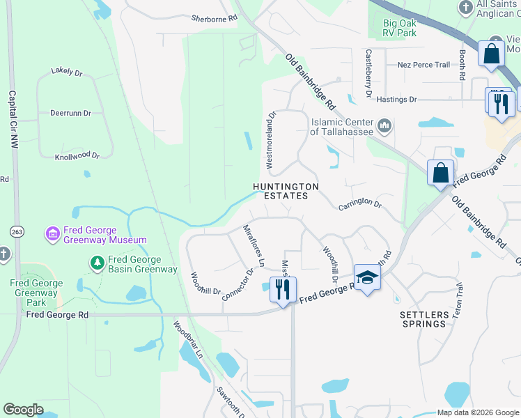 map of restaurants, bars, coffee shops, grocery stores, and more near 4214 Woodhill Court in Tallahassee