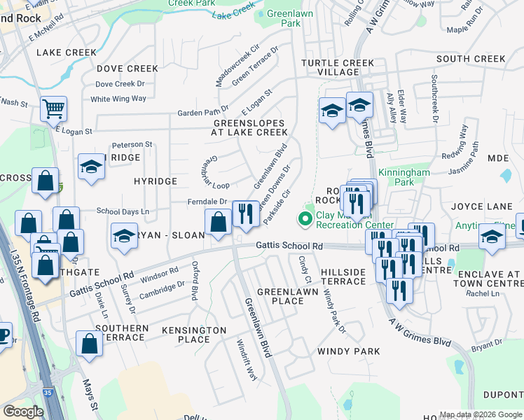 map of restaurants, bars, coffee shops, grocery stores, and more near 1307 Green Downs Drive in Round Rock