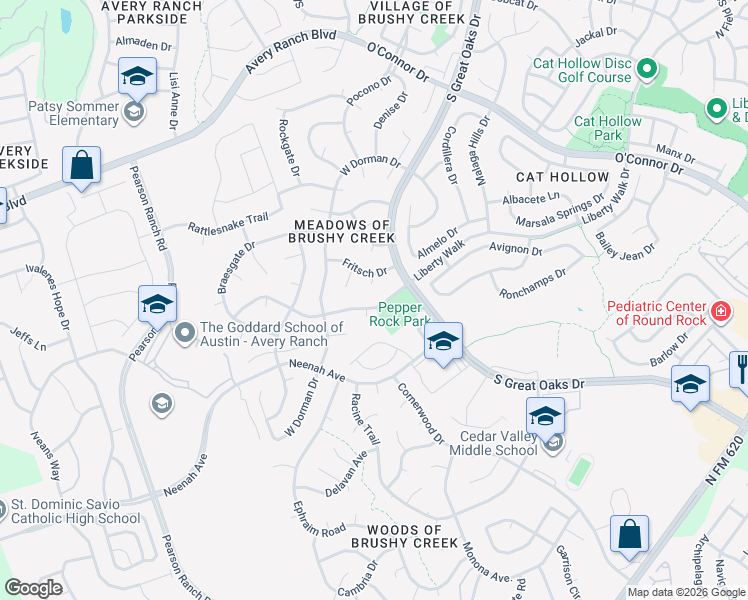 map of restaurants, bars, coffee shops, grocery stores, and more near 8608 Pepper Rock Drive in Austin