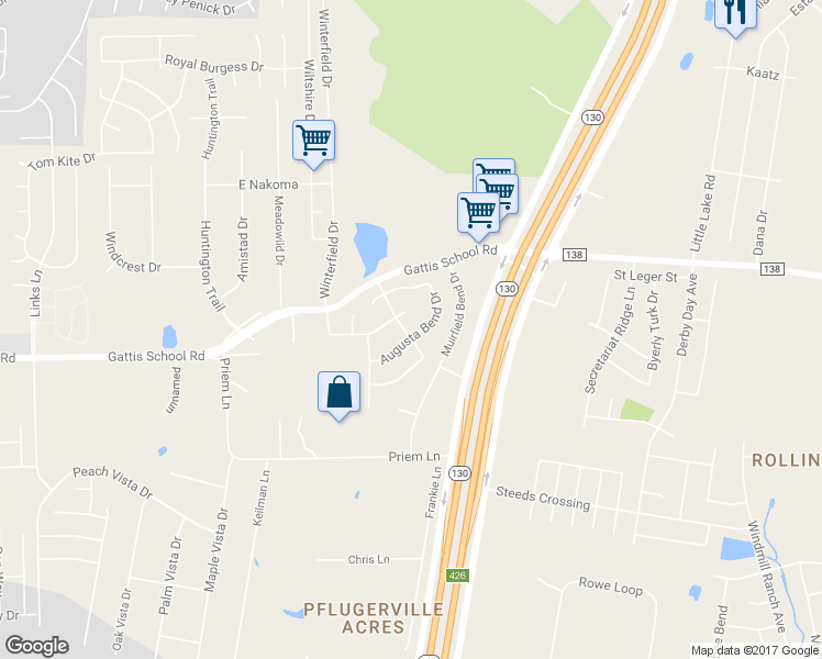 map of restaurants, bars, coffee shops, grocery stores, and more near 1521 Augusta Bend Drive in Hutto