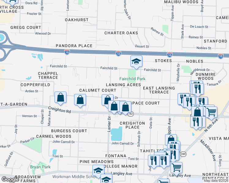 map of restaurants, bars, coffee shops, grocery stores, and more near 1994 Lansing Drive in Pensacola