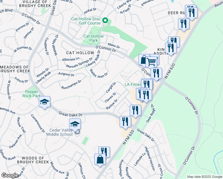 map of restaurants, bars, coffee shops, grocery stores, and more near 4045 Cargill Drive in Round Rock