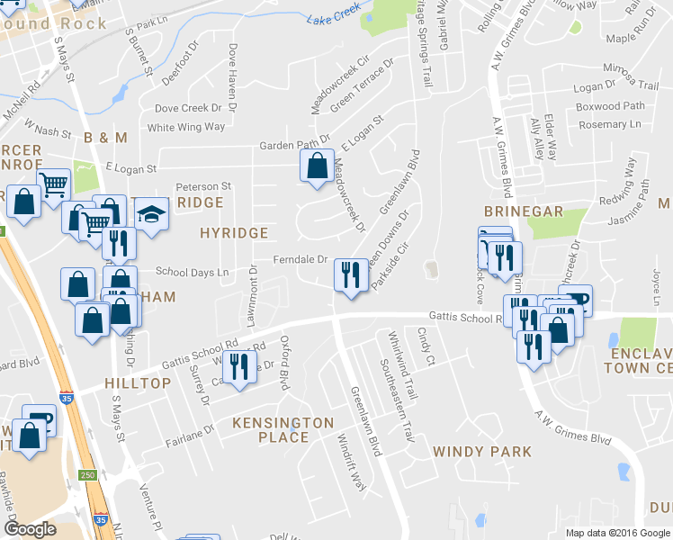map of restaurants, bars, coffee shops, grocery stores, and more near 1308 Greenlawn Blvd in Round Rock