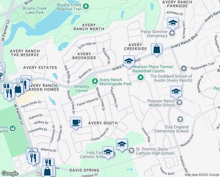 map of restaurants, bars, coffee shops, grocery stores, and more near 9800 Pasatiempo Drive in Austin