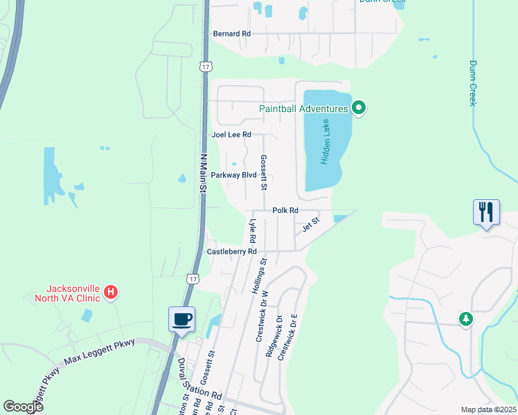 map of restaurants, bars, coffee shops, grocery stores, and more near 153 Polk Road in Jacksonville