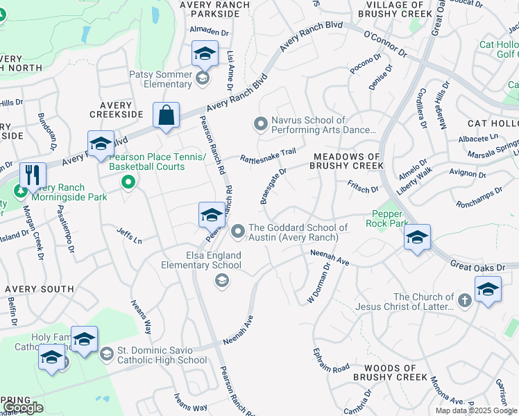 map of restaurants, bars, coffee shops, grocery stores, and more near 15922 Braesgate Drive in Austin