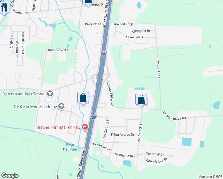map of restaurants, bars, coffee shops, grocery stores, and more near 169 Country Ridge Road in Opelousas