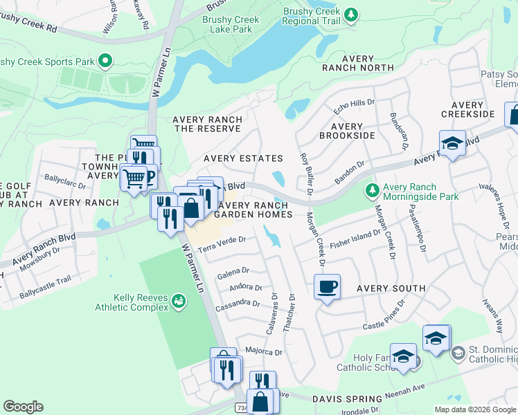 map of restaurants, bars, coffee shops, grocery stores, and more near 15309 Interlachen Drive in Austin