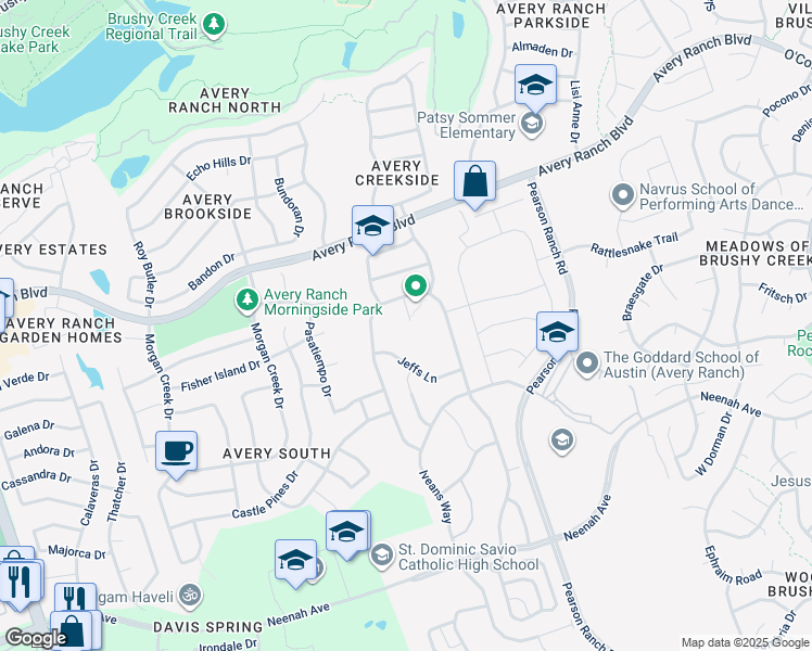 map of restaurants, bars, coffee shops, grocery stores, and more near 9800 Faith and Trust Cove in Austin