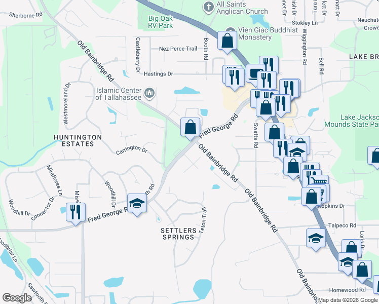 map of restaurants, bars, coffee shops, grocery stores, and more near 3481 Fred George Road in Tallahassee