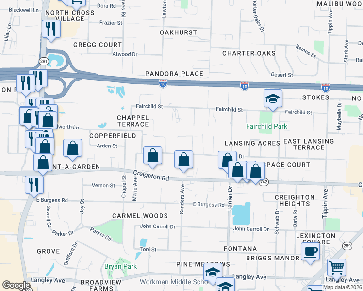 map of restaurants, bars, coffee shops, grocery stores, and more near 1490 Lansing Drive in Pensacola