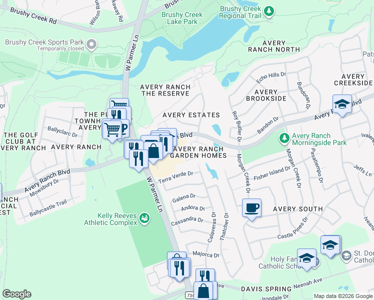 map of restaurants, bars, coffee shops, grocery stores, and more near 15536 Interlachen Drive in Austin