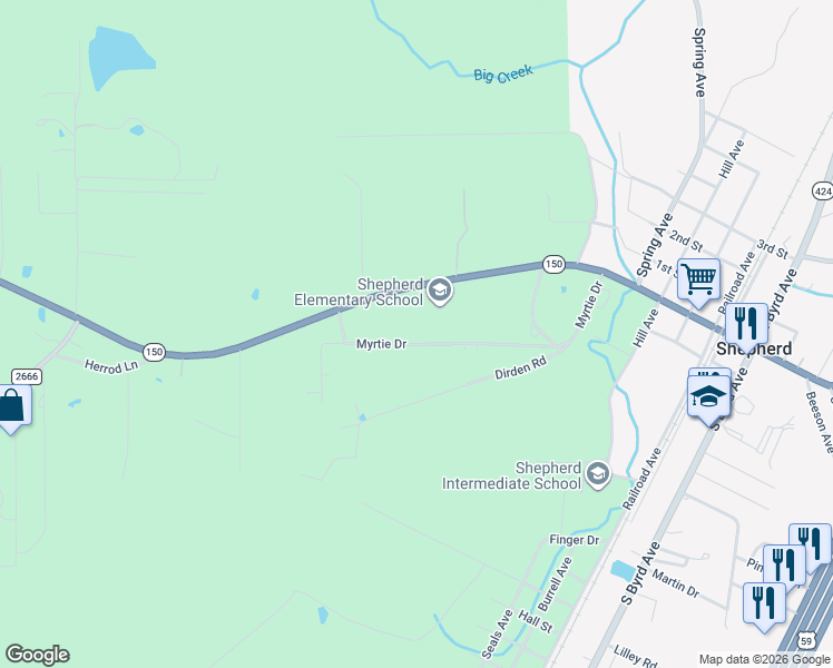 map of restaurants, bars, coffee shops, grocery stores, and more near 540 Myrtie Drive in Shepherd