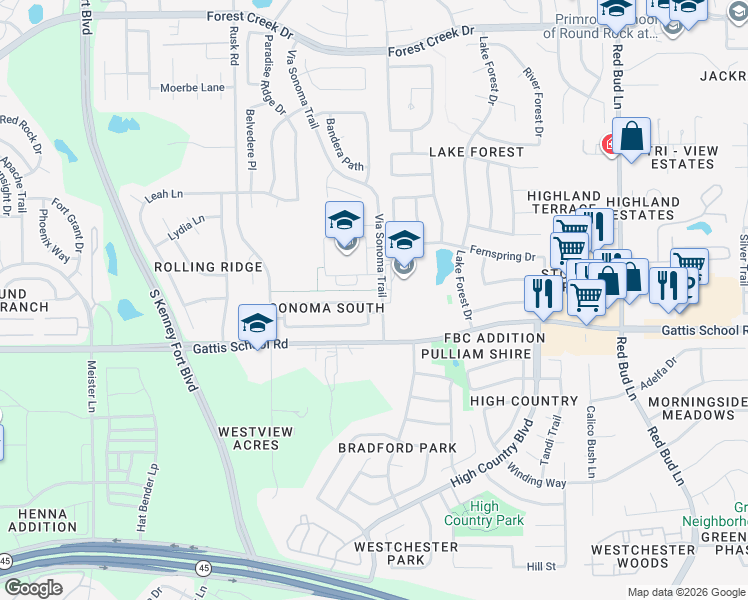 map of restaurants, bars, coffee shops, grocery stores, and more near 3511 Shiraz Loop in Round Rock